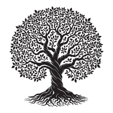 Detaylı ve karmaşık bir şekilde tasarlanmış siluet ağaç vektörü, logolar, markalaşma malzemeleri ve doğa temalı grafikler için ideal. Güç ve büyümeyi hatırlat.
