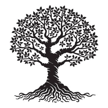 Derin köklerini ve geniş dallarını sergileyen bir yaşam ağacının siluet çizimi. Büyümeyi, gücü ve doğayla bağlantıyı temsil eder..