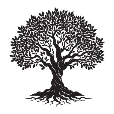 Hayat Ağacı 'nın detaylı bir temsili, bükülmüş bir gövde, bol yeşillik ve güçlü bir kök sistemi sergiliyor. Büyümenin, gücün ve doğayla bağın sembolü olarak mükemmel. Bir siluet sanatı.