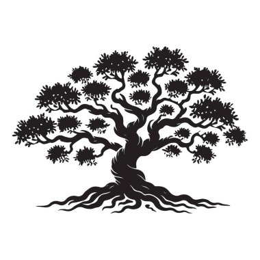 Kökleri buruşuk, dalları bükülmüş, antik ağaçların güzelliğini yansıtan eski bir ağaç siluetinin tasviri. Doğa ve uzun yaşama odaklı projeler için ideal.