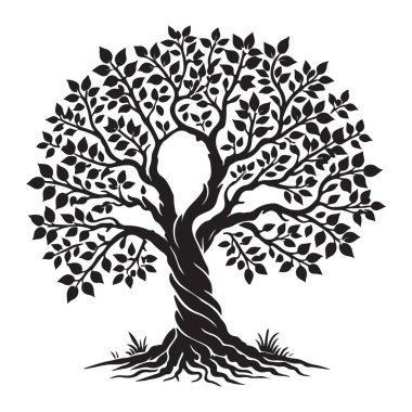 Çarpık gövdeli ve yaprak kaplamalı dekoratif bir ağacın vektör çizimi. Çeşitli uygulamalar için şık ve görsel olarak çekici bir tasarım ögesi.