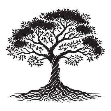 Çarpık gövdeli ve detaylı köklü zarif bir ağaç siluetinin vektör çizimi. Bu ikonik görüntü gücü, dayanıklılığı ve doğanın güzelliğini temsil ediyor..