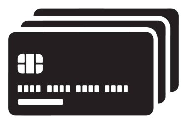 Üç kredi kartının siyah vektör silüeti resimleme simgesi istiflenmiş. Birden fazla ödeme, finans yönetimi, kredi ve banka bakiyesi veya çeşitli seçenekleri temsil etmek için mükemmel. Finansal uygulamada kullan.