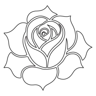 Bir gül çiçeğinin basit dış hatlarını gösteren minimalist bir vektör çizimi. Çeşitli yaratıcı tasarımlara çiçek zarafeti katmak için mükemmel..