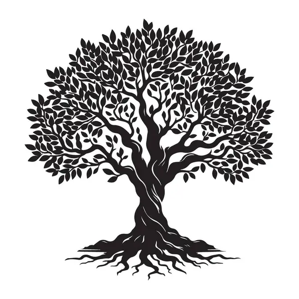 Hayat Ağacı 'nın detaylı bir temsili, bükülmüş bir gövde, bol yeşillik ve güçlü bir kök sistemi sergiliyor. Büyümenin, gücün ve doğayla bağın sembolü olarak mükemmel. Bir siluet sanatı.