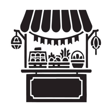 Taze ürünlerle dolu bir pazarın karaborsa çizimi. Çiftçi pazarları, yerel yiyecekler ve toplumsal etkinlikler için harika tasarımlar. Temiz, basit ve büyüleyici..