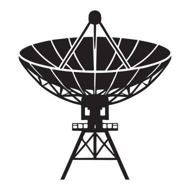 Uydu anteninin siyah vektör çizimi. Yayın, telekomünikasyon ve iletişim sistemlerindeki teknolojik gelişmeler ile ilgili grafiklerde kullanım için ideal.