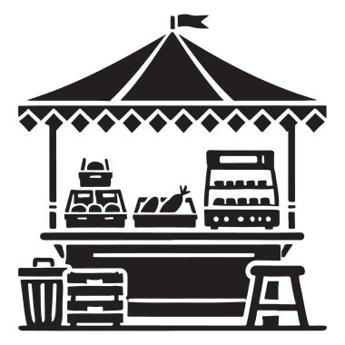 Bu siluet illüstrasyonunda meyve ve sebzelerle dolu taze bir ürün standı yer alıyor. Çiftçi pazarlarını, sağlıklı beslenmeyi veya yerel işletmeleri resmetmek için mükemmel..