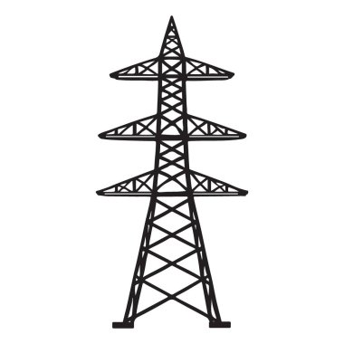 Yüksek voltajlı bir güç kulesinin siyah siluetini içeren bir vektör görüntüsü, enerji iletimi ve elektrik altyapısını sembolize ediyor.