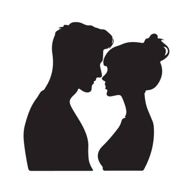 Romantizm ve şefkat saçan, birbirine dik dik bakan bir çiftin silüet vektör çizimi. Aşk, ilişkiler ve samimi anlar için idealdir..