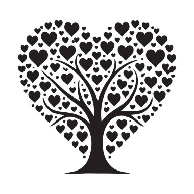 Heart Shaped Love Tree Vector Silhouette, güçlü bir sevginin, derin bir bağlantının ve filizlenen ilişkilerin sembolü. Bu tasarım sevgi ve takdiri ifade etmek için harika..