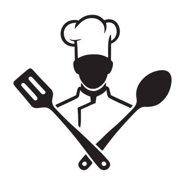 Şef illüstrasyonunda spatulası ve kaşığı olan bir şef var. Mutfak siteleri, yemek blogları ve restoran logoları için ideal. Aşçılık uzmanlığının ve tutkunun sembolü..