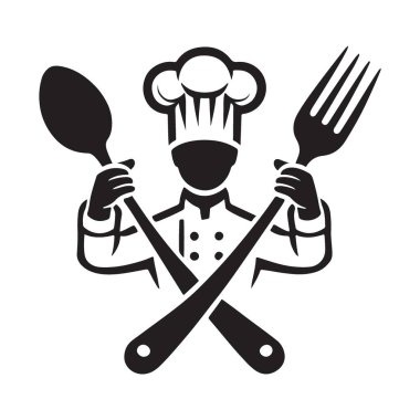 Kaşık ve çatal tutan bir aşçının aşçı çizimi. Yemek pişirme sanatını ve becerisini temsil ediyor. Logo ve yemek blogları için mükemmel..