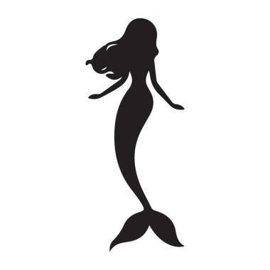 Huzurlu bir denizkızı silueti zarif bir şekilde ayakta duruyor, çarpıcı bir vektör sanat eseri. Basit, zarif bir tarzda efsanevi bir deniz yaratığının görüntüsü..