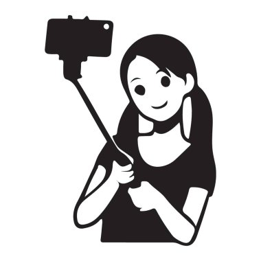 Özçekim çubuğuyla selfie çeken genç bir kadının silüeti. Sosyal medya kampanyaları, yaşam tarzı blogları ve teknolojiyle ilgili tasarımlar için uygundur.
