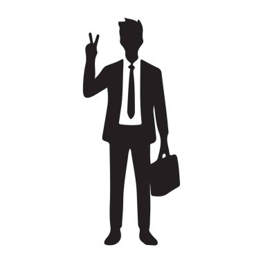 Barış işareti yaparken evrak çantası tutan bir iş adamının silueti. İş, başarı ve zafer temaları için uygun.