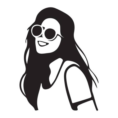 Güneş gözlüklü ve gülümseyen yüzlü şık bir kadının silueti. Moda, yaşam tarzı ve yaz temaları için harika.