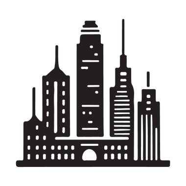 Soyut şehir manzarası silueti modern mimari detayları sergiliyor. Kentsel ortamları ve ufuk çizgilerini temsil etmek için mükemmel bir vektör sanatı.