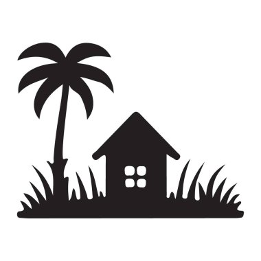 İçinde palmiye ağacı olan tropikal bir evin silueti. Tatil için ya da tropikal projeler için mükemmel. Vektör illüstrasyonu.