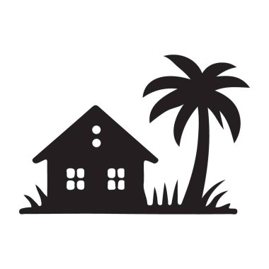 Palmiye ağacı olan basit bir evin silüet tasarımı, tatil temaları, ada kaçamakları veya mimari görseller için ideal..