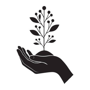 Bir bitkiyi tutan, bakım ve büyümeyi temsil eden bir eli tasvir eden sembolik bir silüet çizimi. Doğa, sürdürülebilirlik ve destek temaları iletmek için bu vektör tasarımını kullanın.