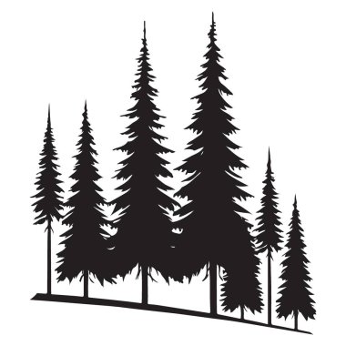 Yoğun ve yeşil ağaçlı bir ormanın çarpıcı siluet vektör çizimi. Vahşi doğa temalı tasarımlar, doğa projeleri ve manzaralı arka planlar için mükemmel..