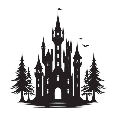 Peri masalı bir şatonun büyüleyici bir silueti. Yüksek çam ağaçlarıyla çevrili karmaşık mimari detaylarla dolu. Bu vektör görüntüsü bir fantezi ve büyüyü çağrıştırıyor..