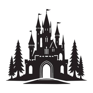 Büyük bir şatonun karmaşık detaylı silueti, kemerli bir kapı ve güçlendirilmiş duvarlarla tamamlanmış. Bu vektör tasarımı bir fantezi krallığının görkemli kalesinin özünü yakalar..