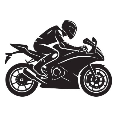 Spor bisikletli bir motosiklet sürücüsünün siluet vektör çizimi. Motosiklet ve yarışlarla ilgili otomotiv tasarımları, posterler ve dijital sanat eserleri için ideal.