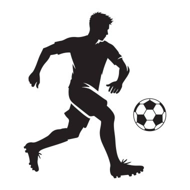 Topla koşan bir futbolcunun vektör çizimi. Bu siluet enerji ve hassasiyeti yakalar. Spor veya takımla ilgili grafikler için ideal.