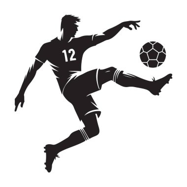 12 numaralı futbol topunu tekmeleyen erkek futbolcunun dinamik silueti. Sporun özünü yakalıyor. Tasarımcılar için vektör sanatı.