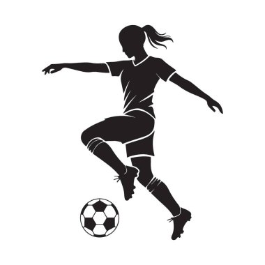 Topu kontrol eden kadın futbolcunun zarif silueti. Bir vektör içinde yakalanan dinamik eylem, spor içeriği ve markalaşma için ideal.
