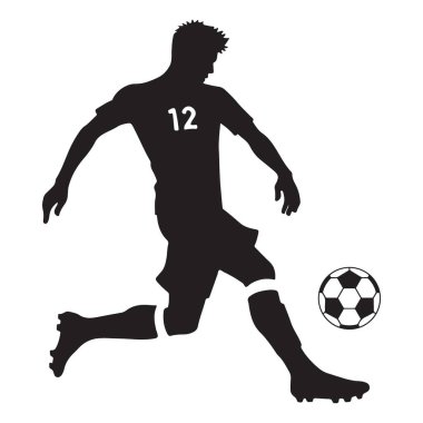 Vurucu siluet bir futbolcu topu tekmeliyor, 12 numarayı gösteriyor. Sporla ilgili tasarım ve sunumlarda kullanım için harika.