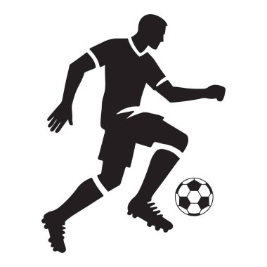 Bir futbolcunun ustalıkla top sürüşünün dinamik bir silüeti. Spor tasarımları, takım logoları ve atletik promosyonlar için mükemmel. Kolay ölçekleme için vektör grafiği.