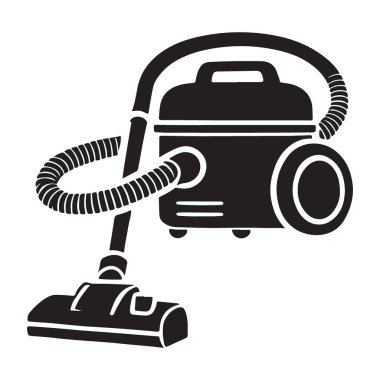 Elektrikli süpürgenin siyah beyaz siluetini içeren bir vektör sanatı, bir temizlik aleti. Ev aletleri için bir çizim. Siluet vektör çizimi.