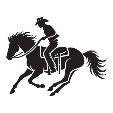 Ata binen bir kovboyun siluet çizimi dinamik bir Batı macerasının özünü yakalıyor. Vahşi Batı, rodeo ve ata binme temaları için mükemmel..