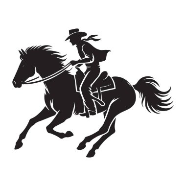 At üstünde dörtnala koşan bir kovboy kızın silüeti binicilik sporlarının dinamik enerjisini yakalıyor. Vahşi Batı 'nın temaları, özgürlük ve kadınların güçlendirilmesi için idealdir..