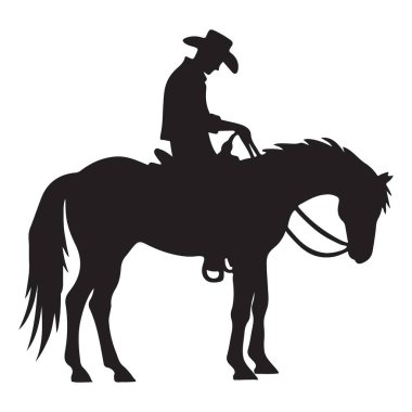 At sırtında bir kovboyun siluet çizimi. Batı temalı tasarımlar, logolar ve sanat projeleri için mükemmel. Görüntü, Vahşi Batı 'nın ruhunu ve zamansızlığını yakalıyor..
