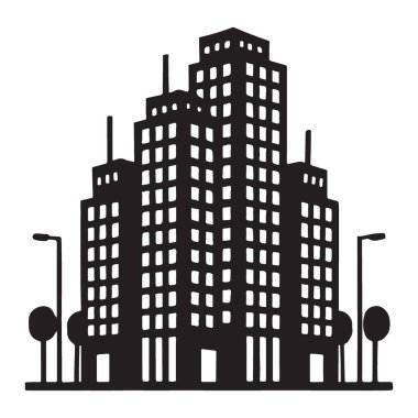 Siyah gökdelenleri gösteren siluet bir resim. Bu şehir tasarımı şehir ortamlarını resmetmek için ideal olan lamba direkleri ve ağaçlara sahiptir. Mimarlık ve geliştirme projeleri için mükemmel.