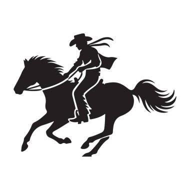Vahşi Batı 'nın ruhunu çağrıştıran, dört nala giden bir ata binen bir kovboyun siyah silueti. Klasik tasarımlar ve batı temalı çizimler için mükemmel. Macera için mükemmel sanat.
