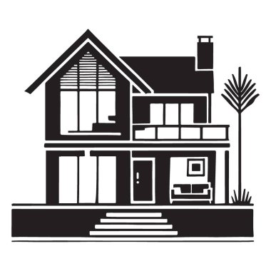 İçinde pencereler, balkon ve iç ayrıntılar bulunan modern iki katlı bir evin silüeti. Mimarlık projeleri, emlak pazarlaması, ev tasarımı fikirleri için en iyisi..