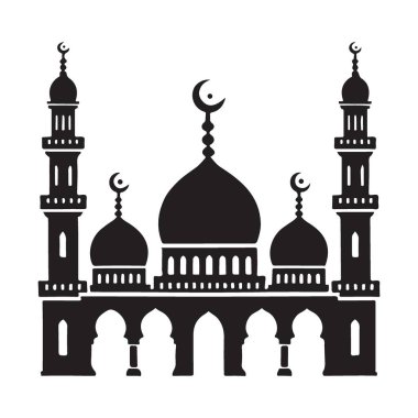 Büyük bir cami, kubbeler, minareler ve İslami mimari tasarımın detaylı bir vektör grafiği. Bu siluet vektör çizimi.