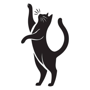 Yukarı uzanan neşeli bir kedinin zarif silüeti. Bu vektör grafiği evcil hayvan tasarımları, logolar ve promosyon malzemeleri için idealdir. Kedi dostlarına olan sevgini bu büyüleyici görüntüyle göster..