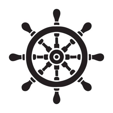 Gemi tekerinin ayrıntılı siyah siluet çizimi, deniz teması ve klasik tasarımlar için harika. Klasik vektör grafiği.