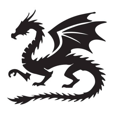 Kanatları olan görkemli bir ejderha siluetinin gösterişli bir vektör sanatı basılı medya, grafik tasarım projeleri ve sanatsal ifadeler için idealdir. Fantezinin özünü bu çarpıcı tasarımla yakala..