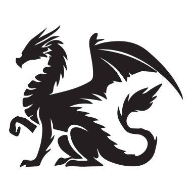 Oturan bir ejderhanın zarif siluet vektör sanatı görkemli formunu sergiliyor. Fantezi, efsanevi ve büyülü temalar için mükemmel. Klasik biçim.