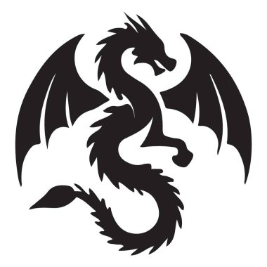 Görkemli bir siyah ejderhanın karmaşık siluet çizimi, mistik güç ve gücün vücut bulmuş hali. Fantezi meraklıları, dövme tasarımları ya da kraliyet amblemleri için ideal..