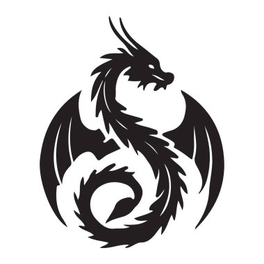 Büyüleyici ejderha silueti çizimi, somut efsaneler ve mistisizm. Fantezi sanatı, amblemler ve yaratıcı tasarım için uygun..