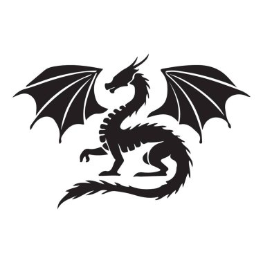 Klasik kanatlı ejderha silueti çizimi, zamansız bir fantezi yaratığı. Fantezi projeleri, mitolojik temalar ya da dekoratif tasarım unsurları için mükemmel..