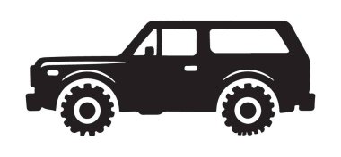 Büyük boy lastikleri olan bir off-road aracının cesur çizimi. Macera, keşif ve engebeli arazi becerilerini temsil etmek için mükemmel..